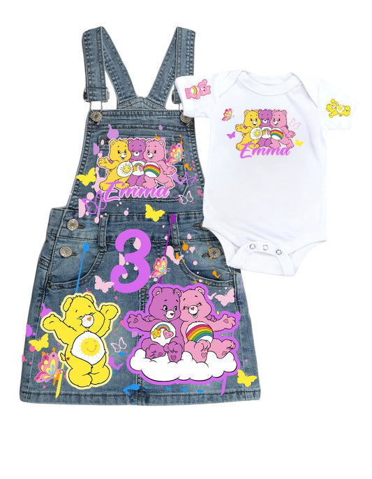 Carebear Denim outfit, Carebear jeans overall dress, Carbear Birthday jeans outfit