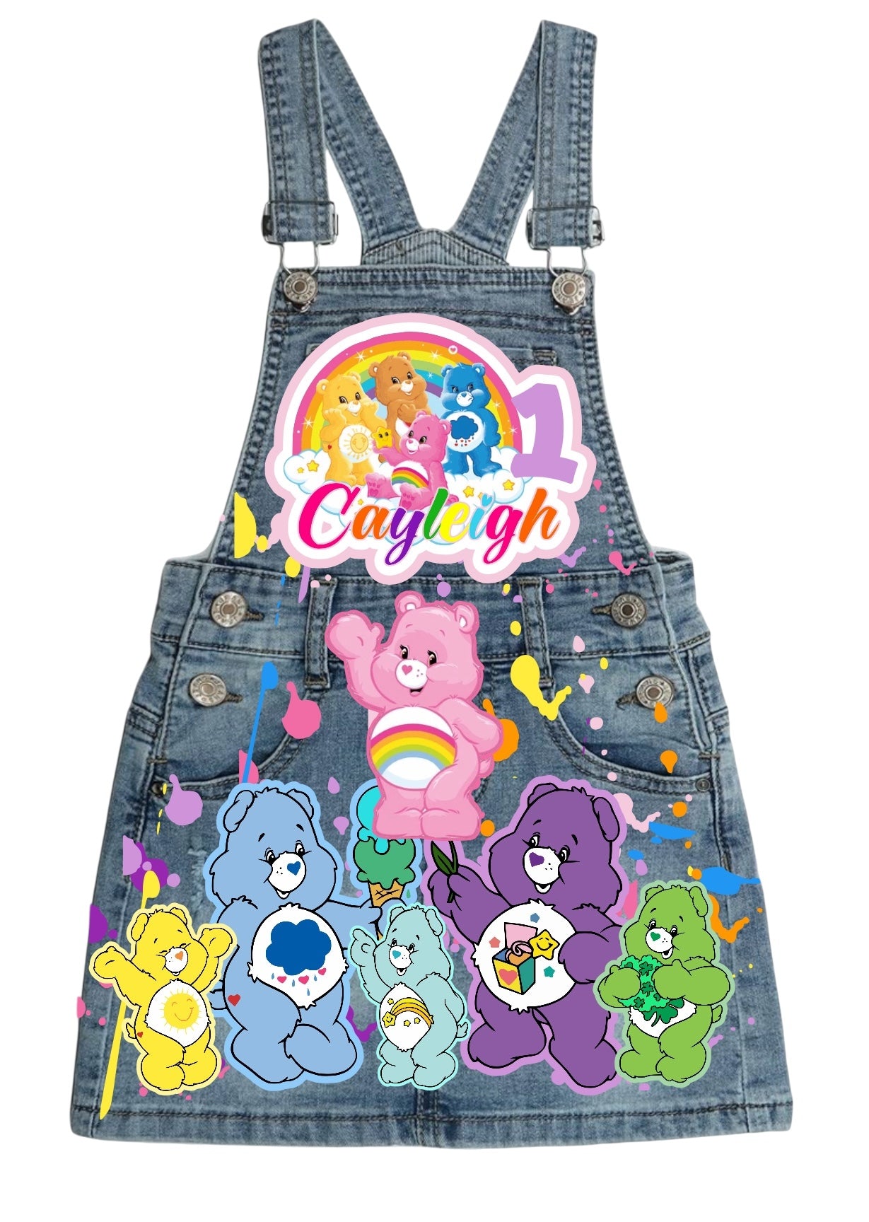 Carebear Denim outfit, Carebear jeans overall dress, Carbear Birthday jeans outfit