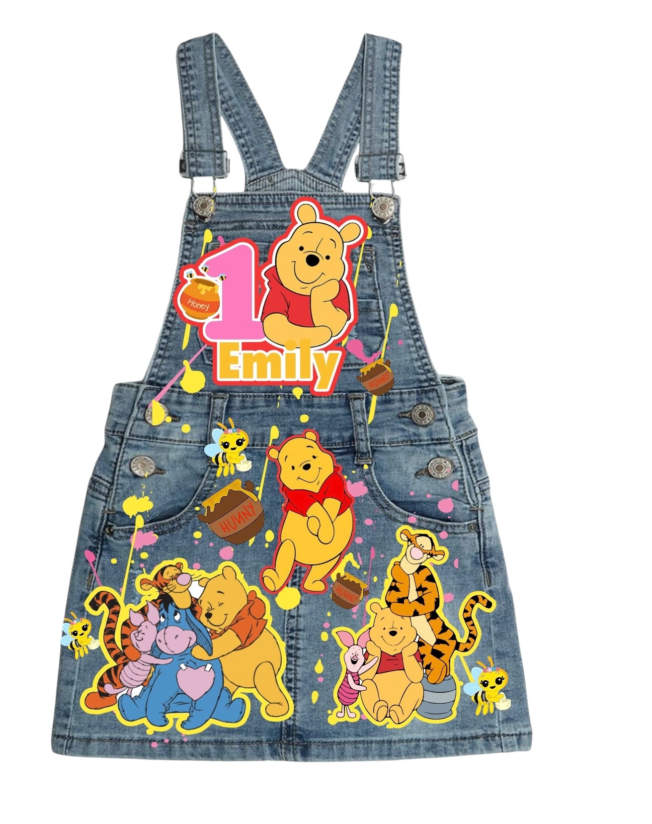 Pooh Bear Denim outfit, Pooh Bear jeans overall dress, Pooh Bear Birthday jeans outfit
