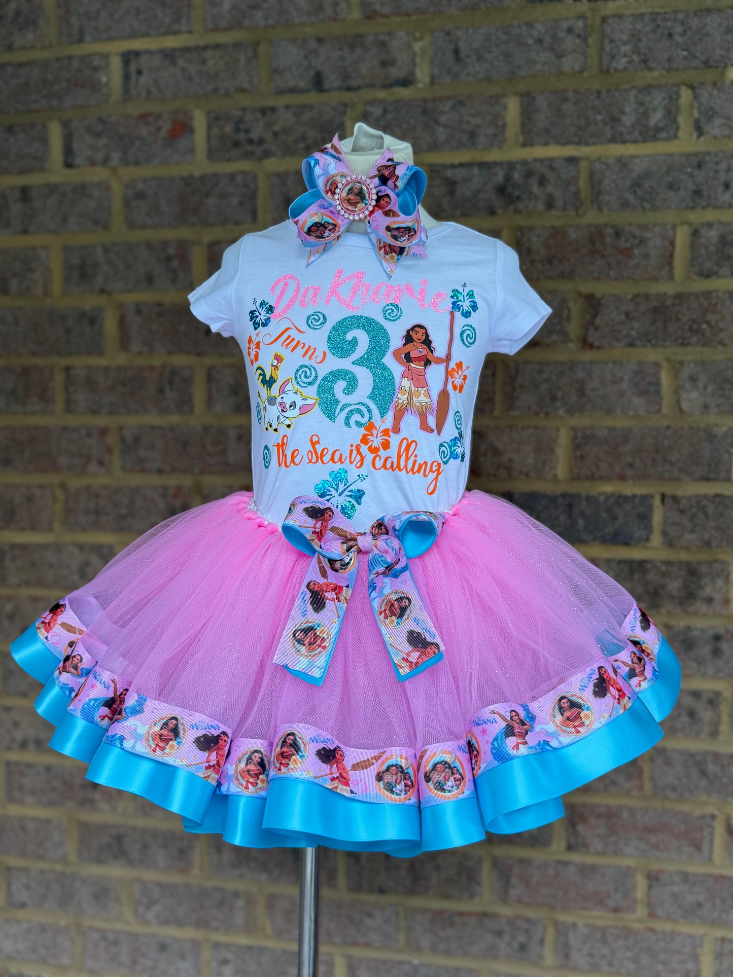 Moana Tutu Outfit, Moana Birthday tutu outfit, 2 Layer Ribbon Trimmed tutu outfit with Matching Socks