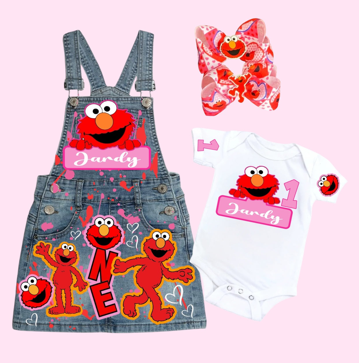 Elmo Denim Overall dress, Elmo jeans Dress, Elmo denim birthday overall Dress.
