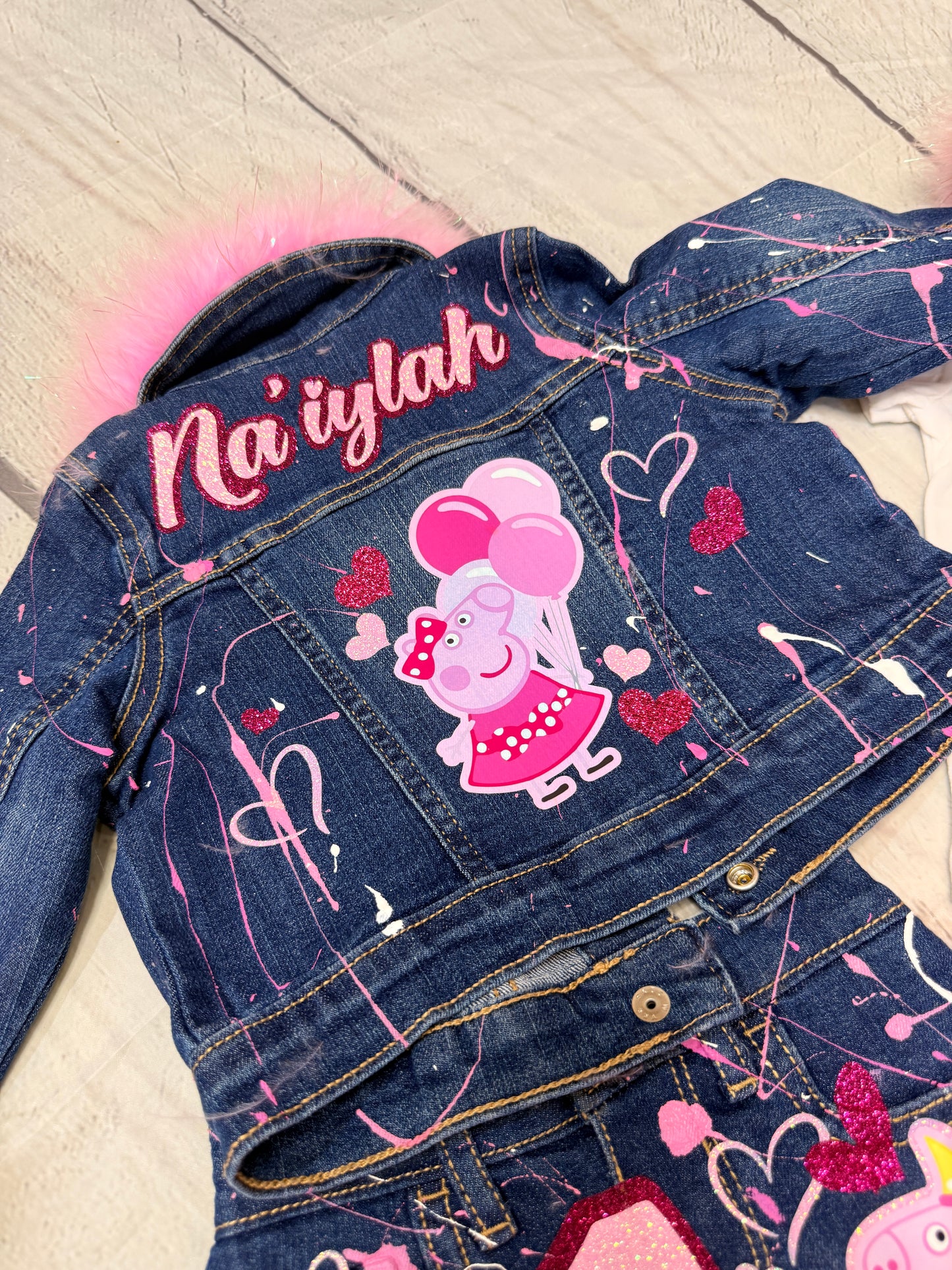 Peppa Pig Denim Outfit, Peppa Big Birthday outfit (glitter double layer design)
