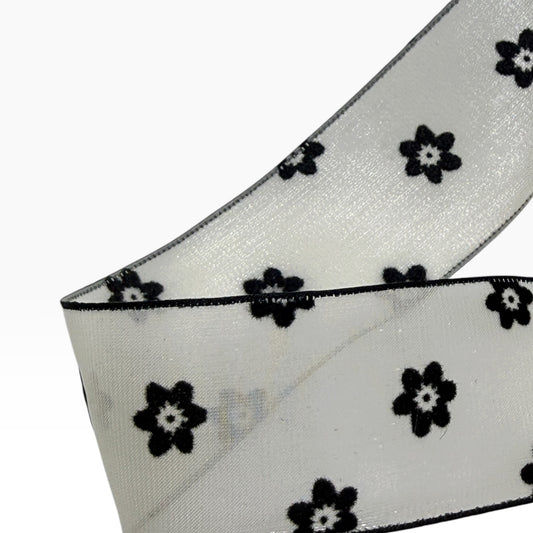 Black and white Flower Chiffon Ribbon(per yard ) 1.5 inch