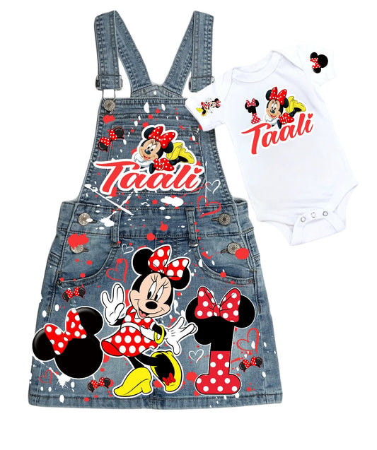 Minnie Mouse Denim overall outfit, jeans overall dress, Minnie mouse birthday jeans dress