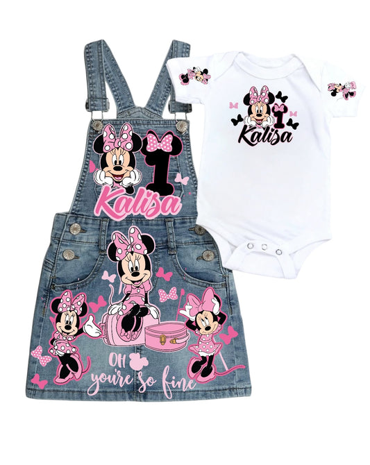 Minnie Mouse Denim overall outfit, jeans overall dress, Minnie mouse birthday jeans dress