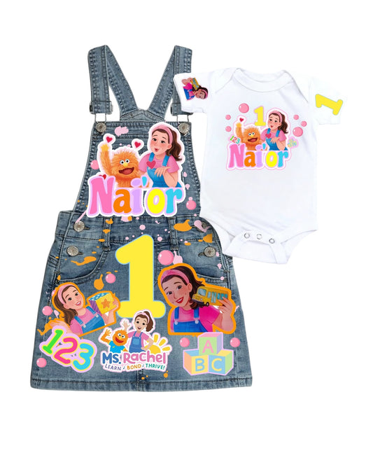 Ms Rachel Denim overall outfit, jeans overall dress, Ms Rachel birthday jeans dress