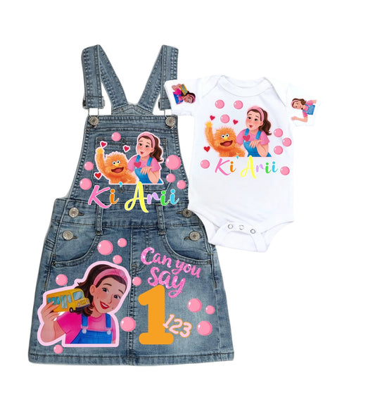 Ms Rachel Denim overall outfit, jeans overall dress, Ms Rachel birthday jeans dress