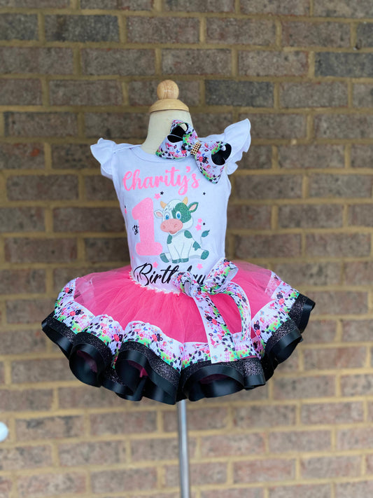 Lola The cow Tutu Outfit (3 layer Ribbon Trimmed tutu outfit)