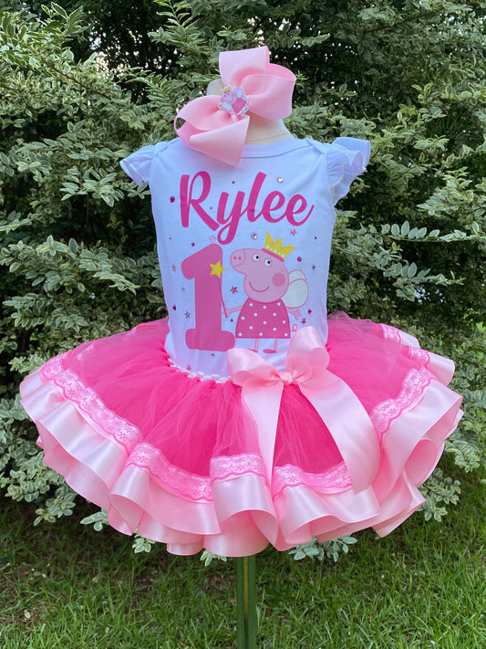 Peppa Pig Tutu Outfit (3 layer Ribbon Trimmed tutu outfit)